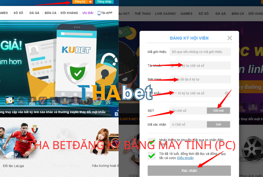 Tha bet Ngoài giao diện thì các bước đăng ký qua pc giống như đăng ký qua điện thoại